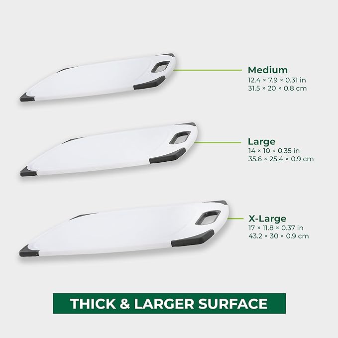 Plastic Cutting Boards for Kitchen, Cutting Board Set of 3, Juice Grooves with Easy Grip Handle, BPA-Free, Non-Porous, Dishwasher Safe, White
