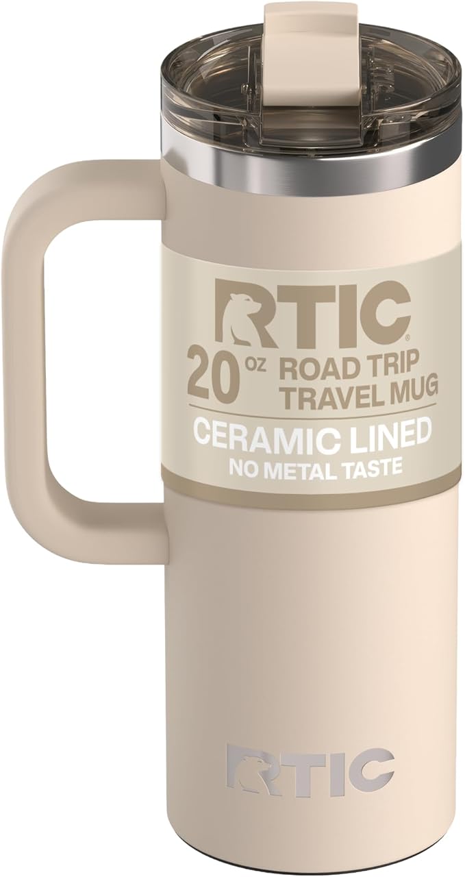 RTIC 20oz Road Trip Travel Mug with Lid and Handle, Ceramic Lined, Insulated, Stainless Steel, Metal, Double Wall Vacuum-Insulation, Portable Coffee, Tea Cup for Hot and Cold Drink, Beach