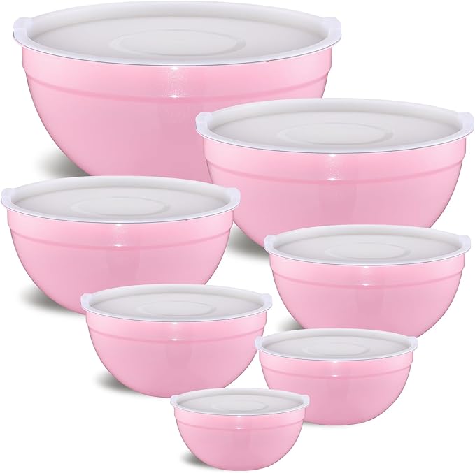 Pink Mixing Bowls with Airtight Lids, Stainless Steel Nesting Mixing Bowls Set of 7, Ideal for Baking, Prepping and Serving Food, Size 7, 3.6, 2.7, 2.1, 1.5, 1.1,0.8 QT, Stackable Design