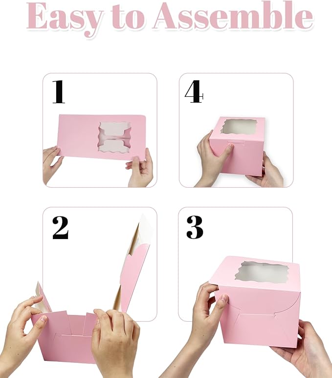 Bakepacker 36pcs 6x6x5 Inches Cake Boxes With Window - 18-Pack Pink Bakery Boxes With 18 Cake Boards Included