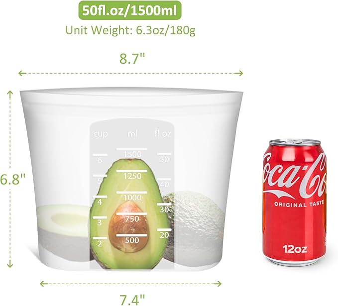 Large Reusable Food Bags 4 Pack, 1.5 Quart(50.7fl.oz) 100% Silicone Storage Bags Stand Up Zip Silicone Food Container, Freezer Microwave Oven Dishwasher Safe, Translucent