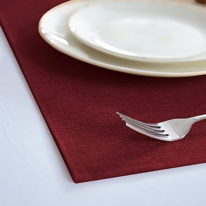 Linen Fabric Placemats Set of 6, Machine Washable, Heat Resistant, Wrinkle Free, Thick Polyester Kitchen Place Mats for Dining Table (Burgundy)