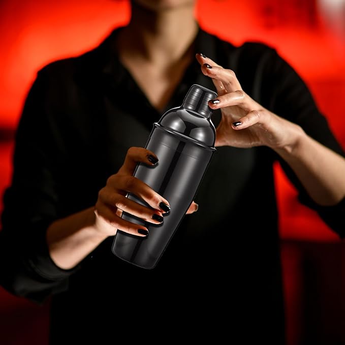 Nitial 6 Pcs Bar Cocktail Shaker Professional Stainless Steel Martini Drink Mixer Built-in Strainer for Bartending No Leaks Shaker for Bar Party Drink Mixer (Black,25 oz)
