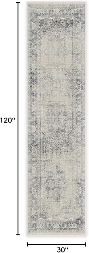 RUGGABLE Washable Vintage Runner Rug – Kamran Blue Quartz 2.5x10, Stain-Resistant, Non-Slip Hallway Runner with Standard Pad – Machine Washable Rug for Hallway, Entryway, Living Room & Kitchen