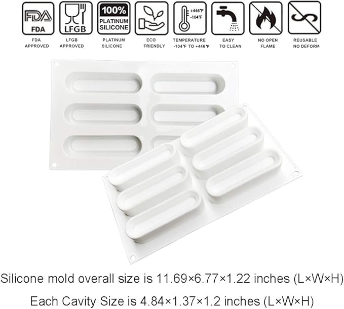 OCPO KITCHEN Eclair Silicone Mold for Baking Mousse Cake, French Dessert, Pastry, Chocolate, Ice Cream, Cake Decoration Mold, 3D Concave Eclair Shape (6-Cavity)