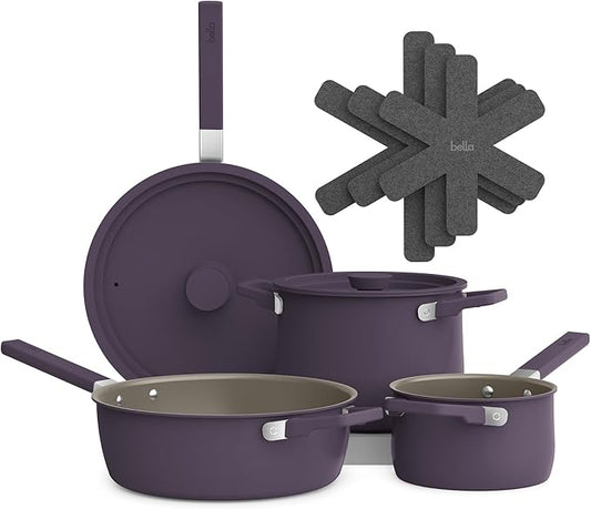bella 9 Piece Ceramic Nonstick Cookware Set, Fits-anywhere™ Kitchenware w EverGood™ Coating, Dishwasher & Oven Safe, All Stovetops Compatible, Stackable Design, Cool Touch Handles, Plum