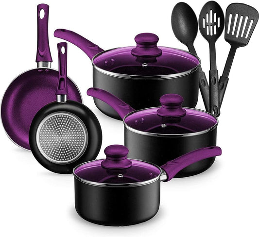 Chef’s Star Aluminum Pots and Pans Set for Kitchen - Nonstick Stackable Induction Cookware, 11 Pcs, Purple