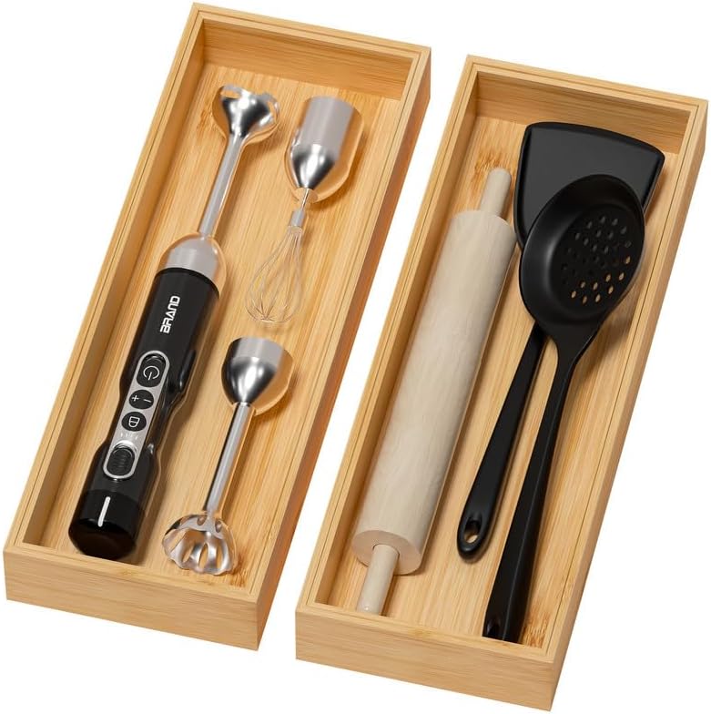 Bamboo Drawer Organizer for Kitchen & Bath, Extra Large Stackable Tray for Silverware, Toiletries & Utensils, 2 Pcs, 17" x 6" x 2" (Outer), 16.3" x 5.3" x 1.77" (Inner)