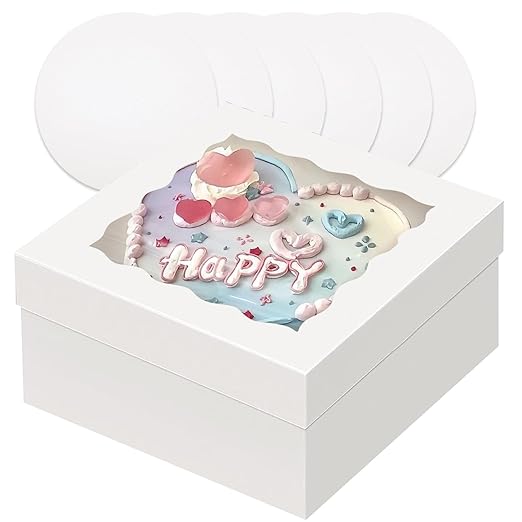 qiqee White 12x12x6 Cake Box, 4 Sets White Cake Box with Window ＆ 4 Sets 12" White Cake Round Boards, 12inch Cake Containers