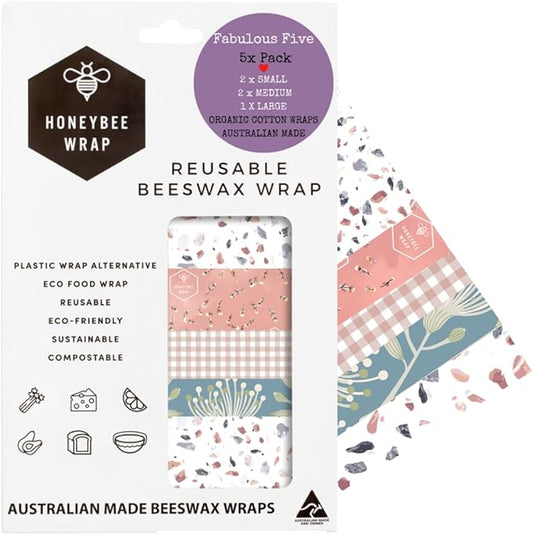 Reusable Beeswax Wraps, 5 Pack Neutral, Eco Friendly, Organic, Biodegradable, Food Storage, Reusable Bowl Covers, Australian Made