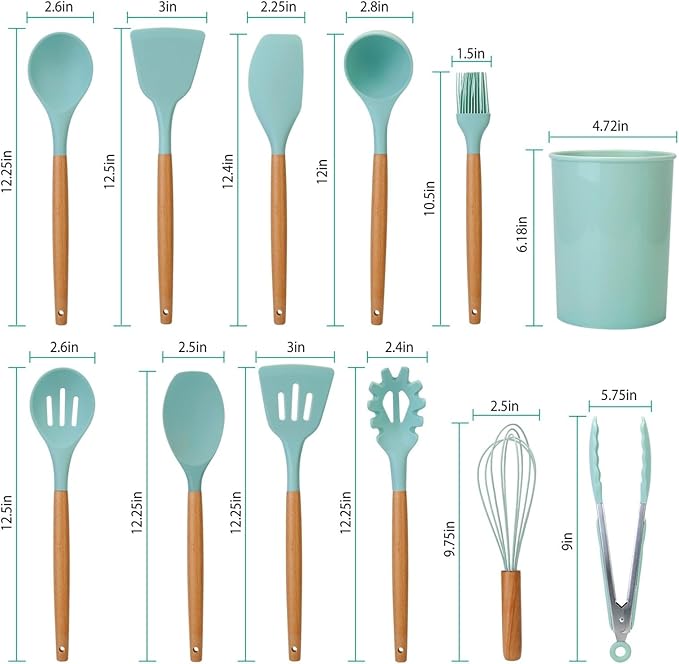 11Pcs Silicone Cooking Utensils Set with Wooden Handle, Heat Resistant Kitchen Utensil Set incl Spatula, Ladle, Tongs & Whisk, Non-Stick & Dishwasher Safe w/Holder