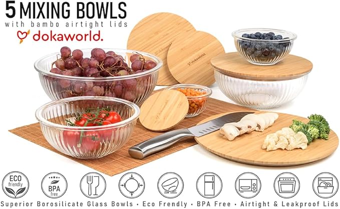 Stackable Space-Saving Set of 5 Nesting Glass Bowls with Bamboo Lids for Foodprep, Storage, Baking, Mixing & Cooking, Microwave & Oven Safe BPA Free Heat Resistant Inert Borosilicate Glass