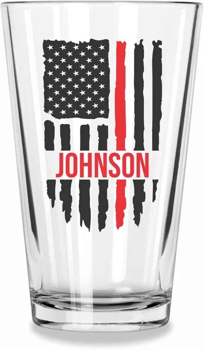 Blue Ridge Mountain Gifts - Thin Red Line Pint Glass - Personalized Firefighter Glass, Fireman Flag & Appreciation, Back the Red, Fire Academy Gift, Personalized Father's Day Gift First Responders