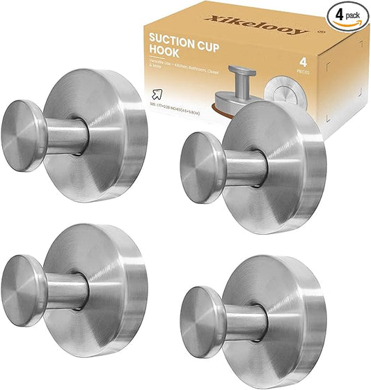 4 Pcs Suction Cup Hook for Shower，Removable Hooks，Towel Hooks，Suction Hooks for Bathroom, Bedroom, Glass Window (Silver)