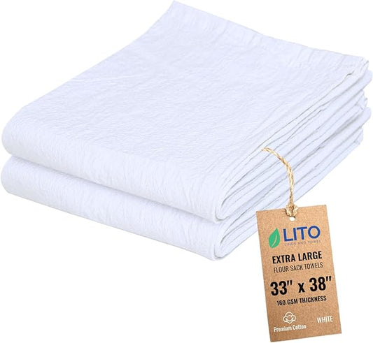 Flour Sack Towels | Tea Towel for Crafts| Kitchen Dish Cotton Blank Towel for Embroidery| Baking Bread Proofing Linen Cover| Thick Absorbent Quick Dry| 2 Pack 33"x38" White