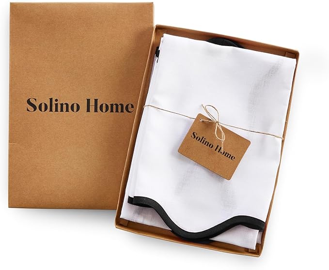 Solino Home Scallop Linen Napkins Set of 4-100% Pure Linen Black and White Dinner Napkins Cloth 20 Inch for Winter - Giselle Scallop Edge, Handcrafted and Machine Washable
