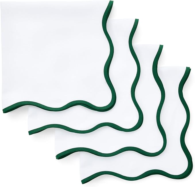 Solino Home Scallop Linen Cloth Napkins Set of 4-100% Pure Linen Christmas Green and White Dinner Napkins 20 x 20 Inch - Giselle Scallop Edge, Handcrafted and Machine Washable
