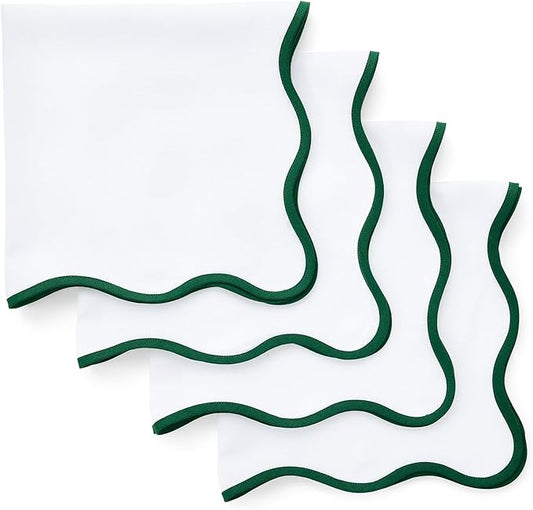 Solino Home Scallop Linen Cloth Napkins Set of 4-100% Pure Linen Christmas Green and White Dinner Napkins 20 x 20 Inch - Giselle Scallop Edge, Handcrafted and Machine Washable