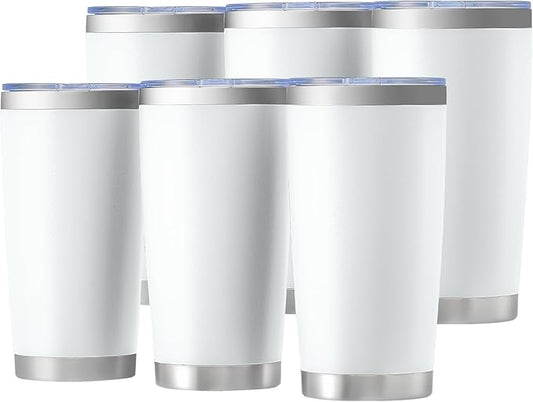 OMTech 20oz Tumblers Bulk, 6pc Stainless Steel Tumbler Set with Lid & Straw, Double Wall Vacuum Insulated Mug for Laser Engraver, Travel Coffee Mug for Hot & Cold Drinks, White Powder Coated Cup