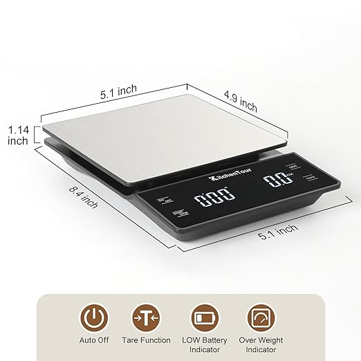 KitchenTour Coffee Scale with Timer 3kg/0.1g - High Precision Pour Over Drip Espresso Scale with Back-Lit LCD Display - Stain Steel Platform(Batteries Included)
