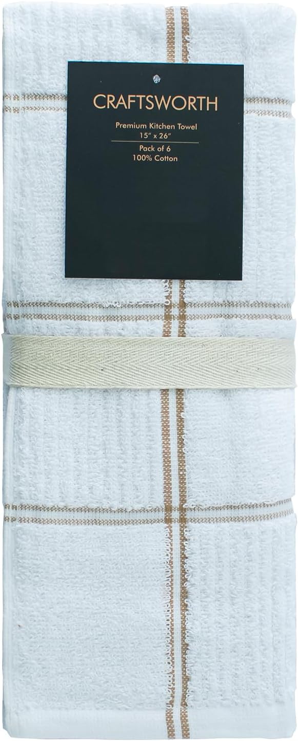 CRAFTSWORTH Kitchen Towels, 15 x 26 Inches, Pack of 6, 400 GSM, 100% Ring Spun Cotton, Tan Combo Windowpane Dish Towels Super Soft and Absorbent, Tea Towels and Bar Towels