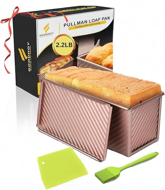 2lb set Nonstick Pullman Loaf Pan With Lid For Homemade Bread Carbon Steel Sandwich Bread Baking Mold With Sliding Lid Durable Toast Box For Square Loaf Shokupan Soft Milk Bread & Gift Box