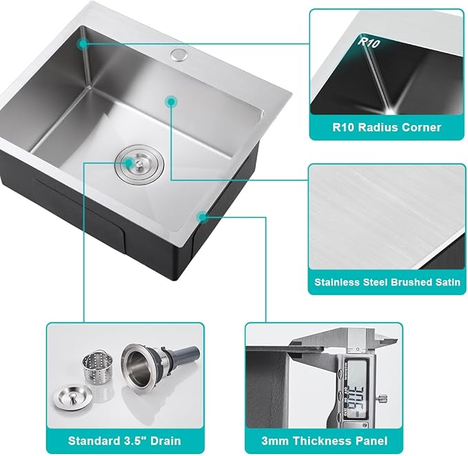 21 inch Kitchen Sink Drop in, 18 Gauge Stainless Steel Brushed Single Bowl Topmount Kitchen Sink with 1 Faucet Hole,D21" x W18" x H9"