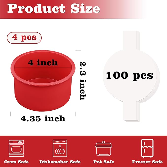 HUAKENER 4 Inch Cake Pan, 4 Pack Silicone Cake Molds with 100 Pieces Parchment Paper, Nonstick Round Cake Pan for Smash Cakes, Layer Cakes, Cheese Caks, Chocolate Cakes ﻿