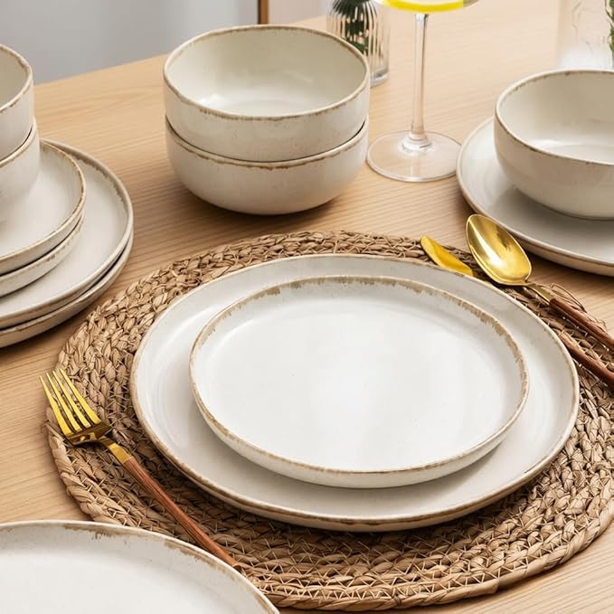 AmorArc Ceramic Dinnerware Sets, Wavy Rim Stoneware Plates and Bowls Sets, Highly Scratch Resistant | Dishwasher & Microwave Dishes set, Service for 8 (24pc)-Speckled Cappuccino