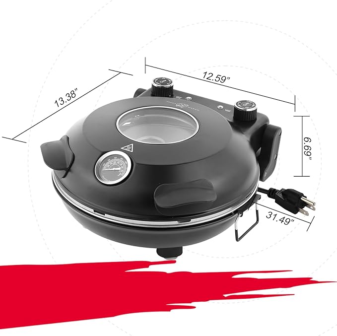 KLAIF 12" Electric Countertop Pizza Oven With Ceramic Stone, Dual Adjustable Temperature Controls, Includes 4 Pizza Tools (Black)