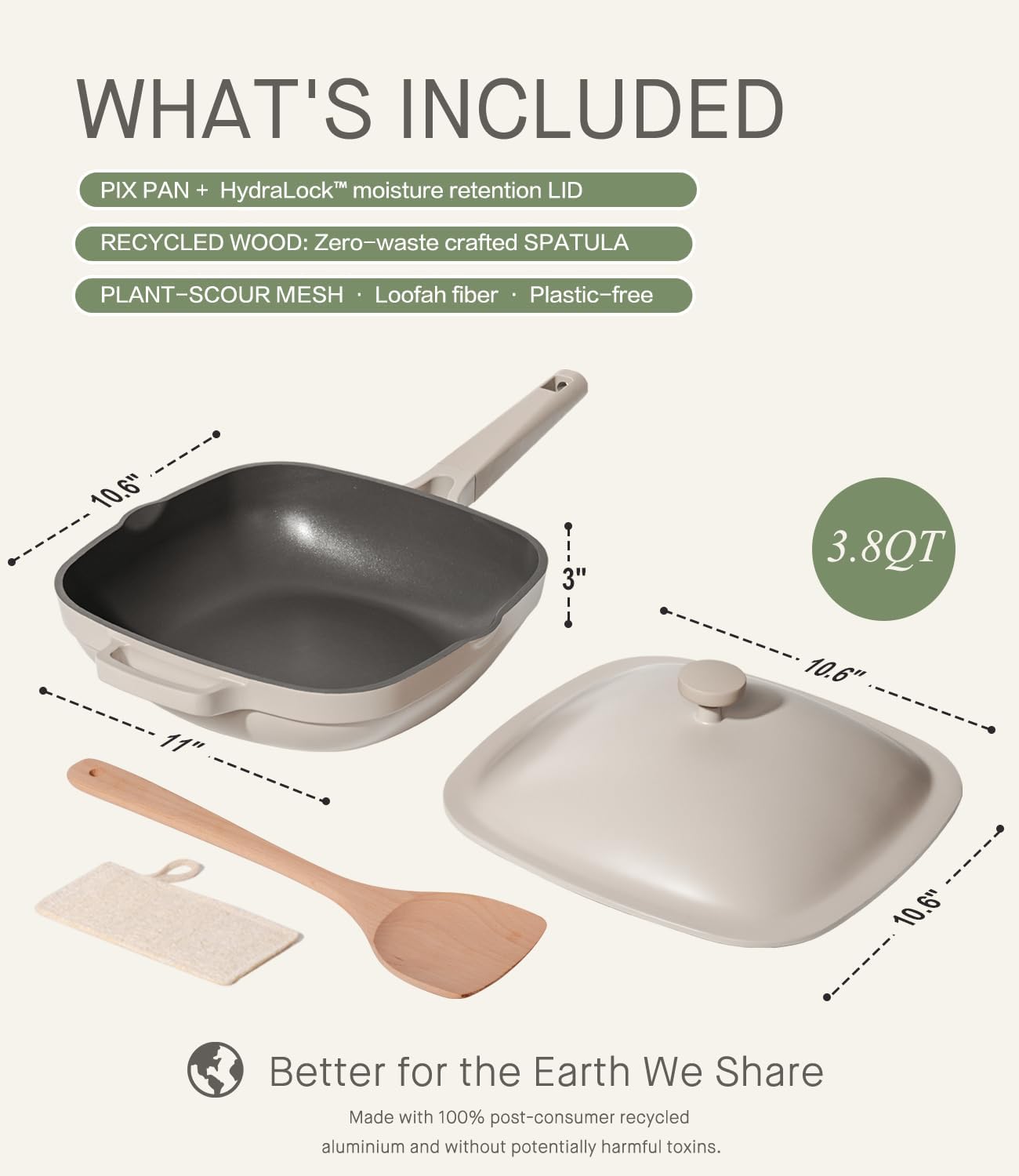 10.5 Inch(3.8QT) Ceramic Pan with Lid,Non Stick Frying Pans Cast Aluminum Deep Sauté Pans,Ti-Ceramic Non Toxic Pix Pan with Wooden Spatula and Scrubber-Morning Mist