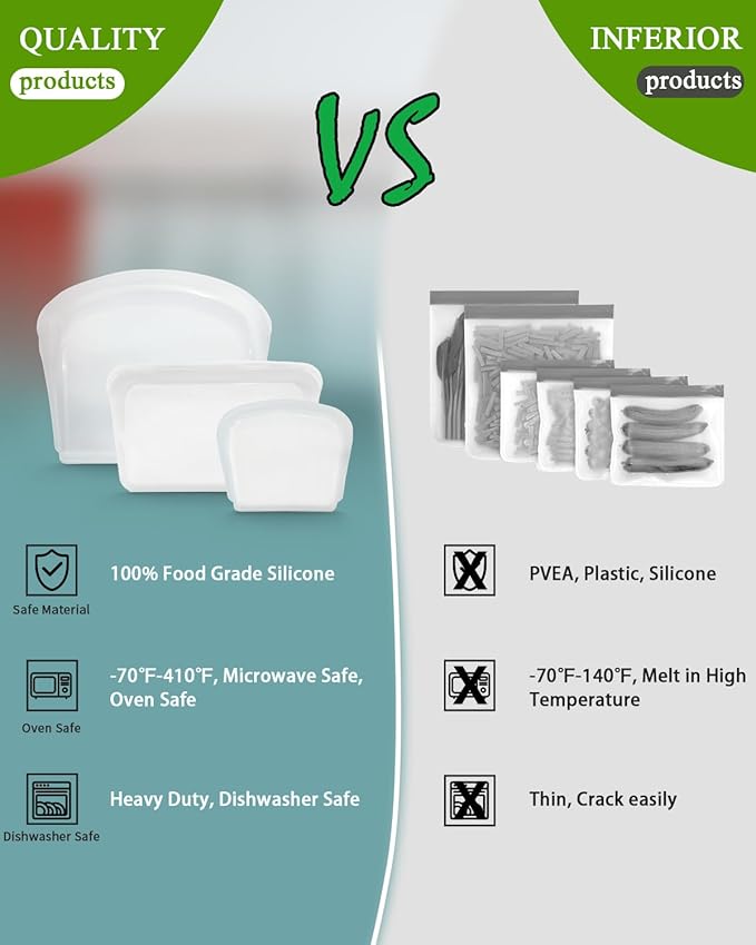 Reusable Silicone Storage Bag, 8Pack Pocket, Snack, and Sandwich Bag, Endurables Seal-Top Silicone Bags for Food Storage, Freezer, Microwave, Oven, Dishwasher Safe (Clear & Peach)