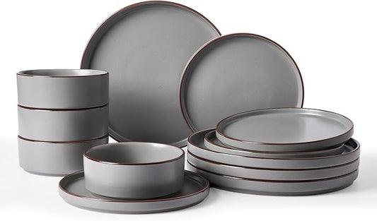 Famiware Nebula Ridge Stoneware Dinnerware Sets, Plates and Bowls Sets for 4, 12 Pieces Dishes Set, Microwave and Dishwasher Safe Kitchen Plates, Dark Gray