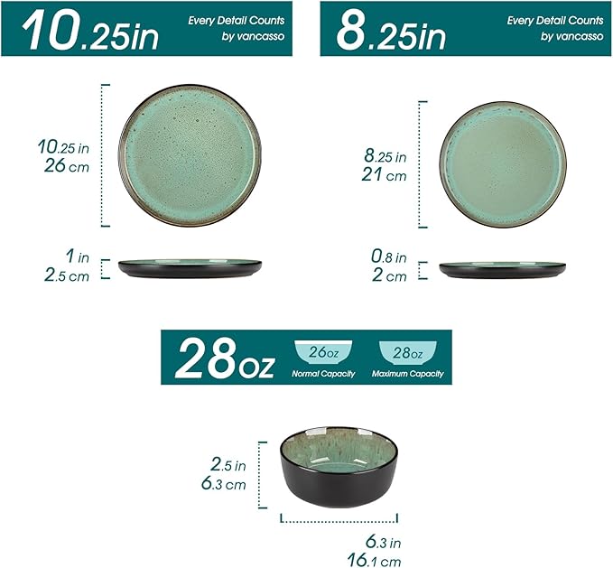 vancasso Plates and Bowls Sets, 24 Pieces Stoneware Dinnerware Sets for 8, Kitchen Dish Set Mircowave and Dishwasher Safe Dinner Set Ceramic Dishware, Turf Green, Series AMBER