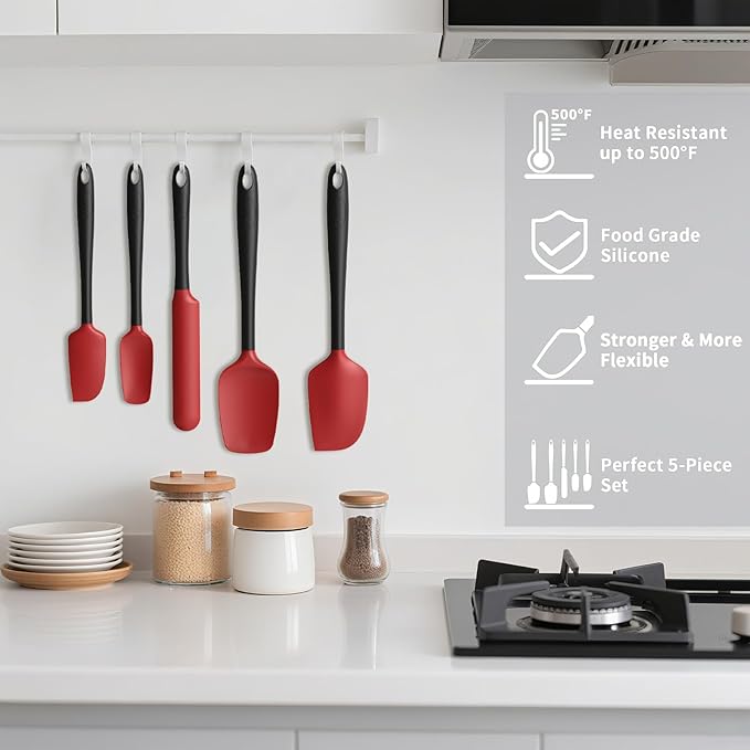Coukre Silicone Spatula Set of 5,High Heat Resistant, Food Grade Silicone, Upgraded Extended Reinforced Handle,Dishwasher Safe, for Baking, Cooking (Red Black, Color block)