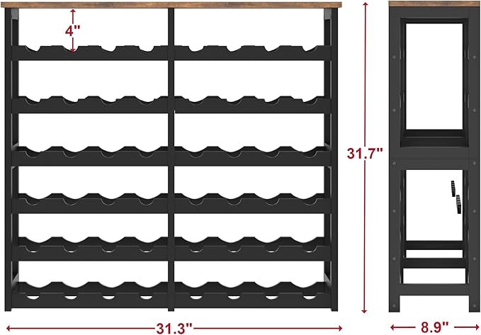 6 Tier Bamboo Wine Rack with Table Top, Freestanding 48-Bottle Wine Storage Shelf, Wine Display for Kitchen, Bar, Dining Room, Living Room, Rustic Brown and Black