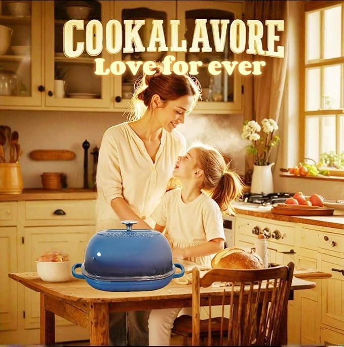 Cast Iron Bread Oven,6 QT Bread Oven,Thick Enameled Loaf Pan with Lid,Bread Pans for Homemade Bread,14.5"Dutch Oven for Bread Baking,Dutch Oven-with Silicone Baking Mat&Recipe,Gifts for Family,Blue