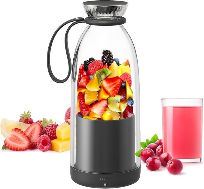 Asa Vea Mini Blender for Smoothies and Milkshakes, Portable Blender, Rechargeable, Personal Size Blender with Quota Outer Travel Lid with 6 Blades, 17 oz for Outdoors, Camping (Black-550ml)