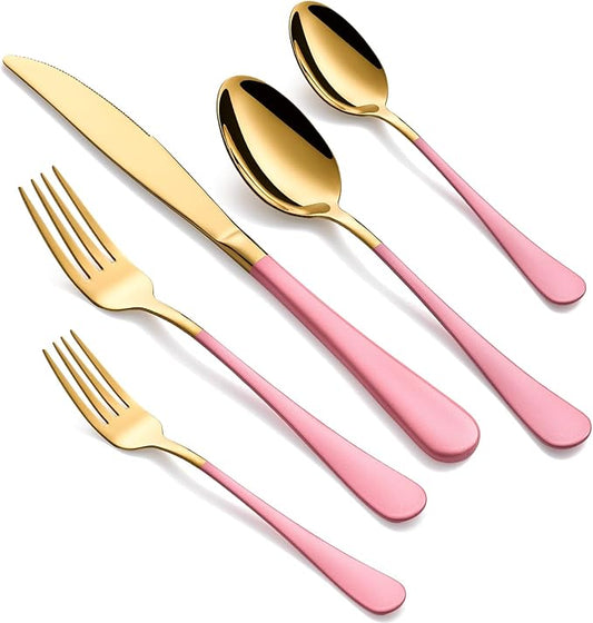 20-Piece Gold & Pink Silverware Set for 4, 18/0 Stainless Steel Flatware Cutlery Utensils Set, Includes Dinner Knives, Forks, Spoons, Salad Forks, Teaspoons, Dishwasher Safe