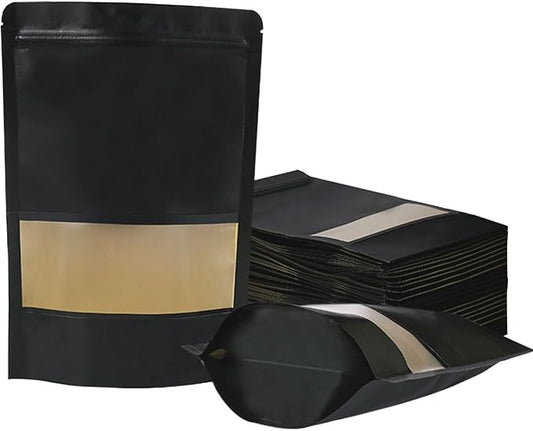 100 PCS Resealable Stand Up Kraft Paper Bags With Matte Window, Zipper Lock Food Storage for Small Business and Home, 3.93 * 5.91 Inches Reusable Sealable Packaging - Black