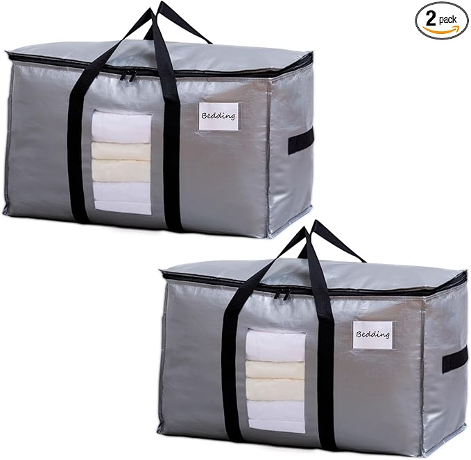 TAILI Extra Large Moving Bags, 2 Pack Silver Heavy Duty Totes for Storage with Visible Window, Wrap Around Handles, Storage Bags for Space Saving, Alternative to Moving Boxes