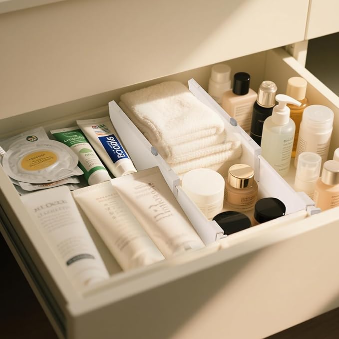 4 Pack 4" High Drawer Dividers, 11"-17" Expandable Drawer Organizer For Clothes, Dresser Drawer Organizer, Drawer Separators for Baby Clothes, Vanity, Kitchen and Office Storage, Warm White