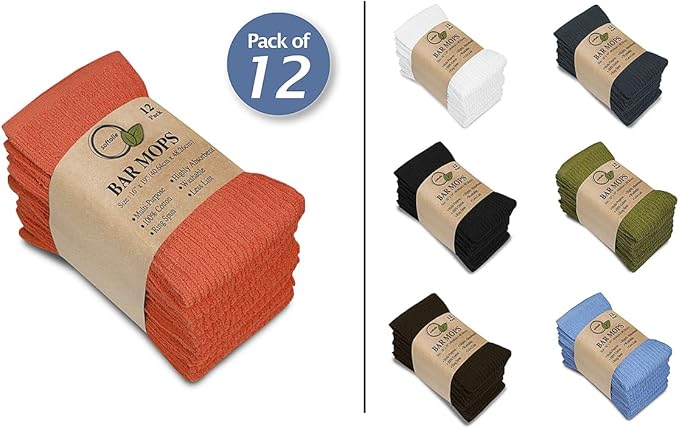 Softolle Bar Mop Towels, Pack of 12-16x19 Inches - 100% Cotton Super Absorbent Towels, Multi-Purpose for Home and Bar Cleaning (Coral)