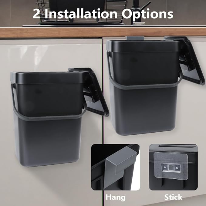 Hanging Small Trash Can with Lid Under Sink for Kitchen, 5 L/ 1.3 Gallons Plastic Waste Basket,Food Waste Bin,Kitchen Compost Bin for Counter Top,Bathroom/Office (Black)