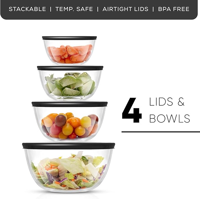 JoyJolt Kitchen Mixing Bowls - 8pc Glass with Lids Set – Neat Nesting Large Bowl Batter Cooking Storage and Big Salad BPA-Free Black