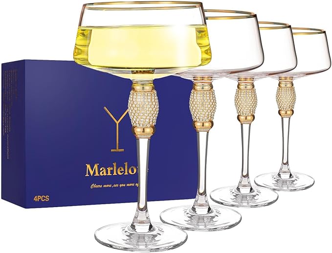 Gold Martini Glasses,Coupe Glass set of 4,Cocktail Glasses,Gold Rimmed&Rhinestones,Margarita Glass,Champagne Tower,Scocktail,Art Deco Glassware,Home Parties,9OZ