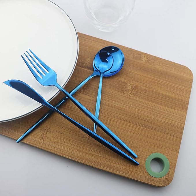 JASHII 24 Pieces Cutlery Flatware Set 304 Stainless Steel Home Kitchen Set, Mirror Polished, Knife/Fork/Spoon, Modern Elegant Tableware Set for Party, Christmas, Dinner (Blue)