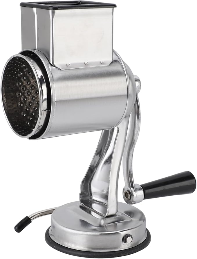 Manual Cheese Grater Stainless Steel Kitchen Hand Crank Grinder with 5 Interchangeable Blades and Handle for Vegetable Nut Potato (Silver)
