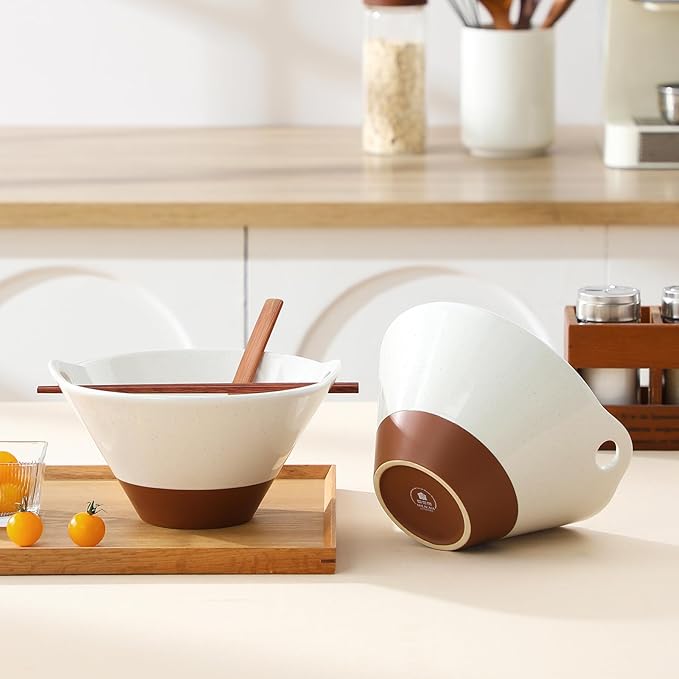 MALACASA 42 oz Ceramic Ramen Bowl Set with Wooden Spoon & Chopsticks, Japanese Style Soup Bowls for Ramen, Pho, Noodles – Set of 2, Microwave & Oven Safe – TARA Series (White and Khaki)