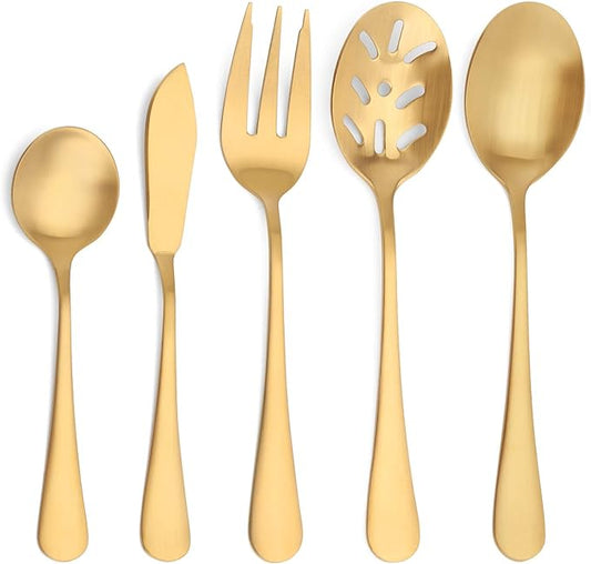 Matte Gold Serving Set，SHARECOOK 5-Piece 18/0 Stainless Steel Large Hostess Set with Round Edge, Satin Finished, Dishwasher Safe -Spoons, Forks,Butter Knife& Slotted Spoon